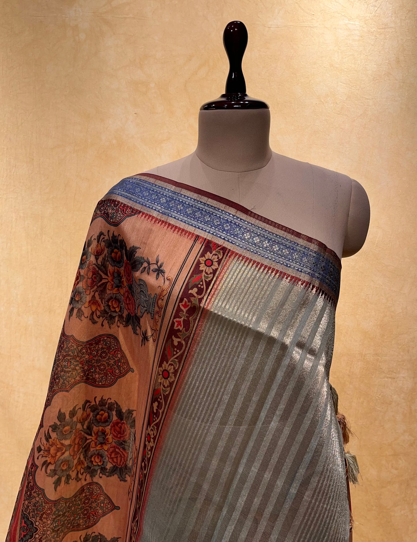 PEACH COLOR SEMI TUSSAR PICHWAI PRINT SILK SAREE