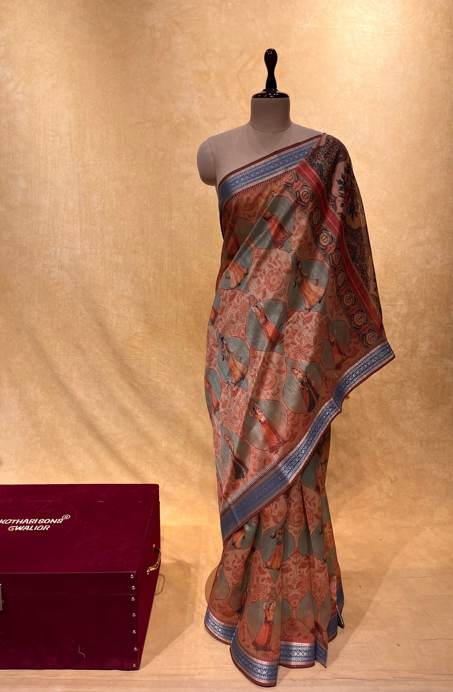 PEACH COLOR SEMI TUSSAR PICHWAI PRINT SILK SAREE