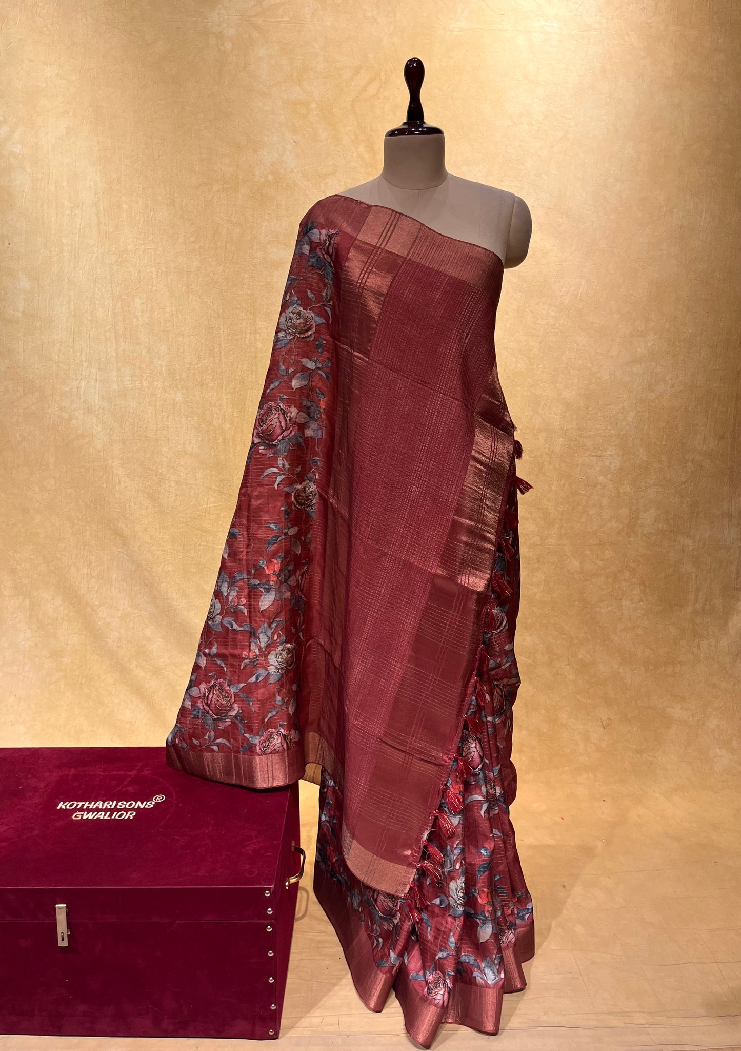 RUST COLOUR SEMI TUSSAR SILK DIGITAL PRINTED ZARI CHECK SAREE