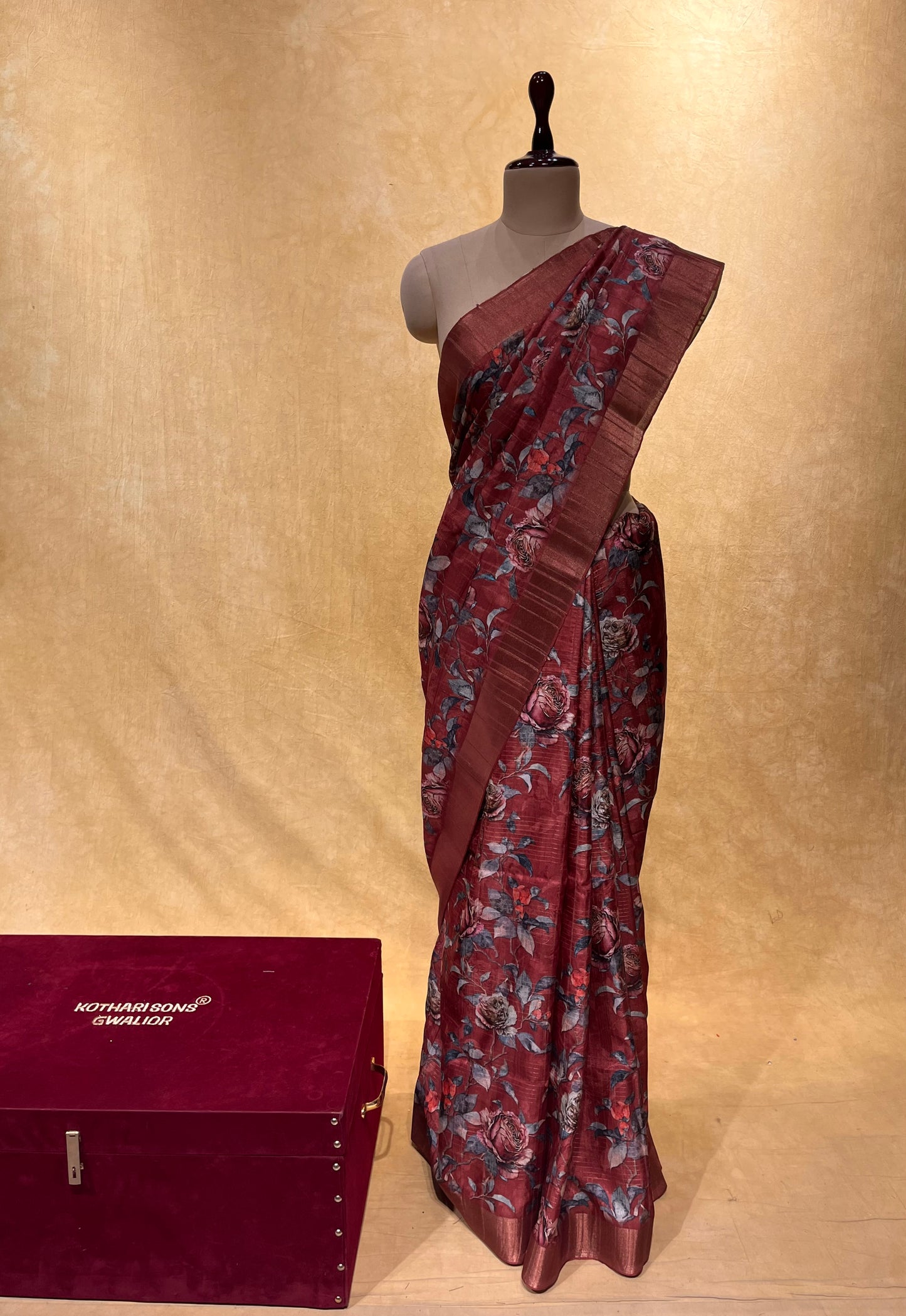 RUST COLOUR SEMI TUSSAR SILK DIGITAL PRINTED ZARI CHECK SAREE