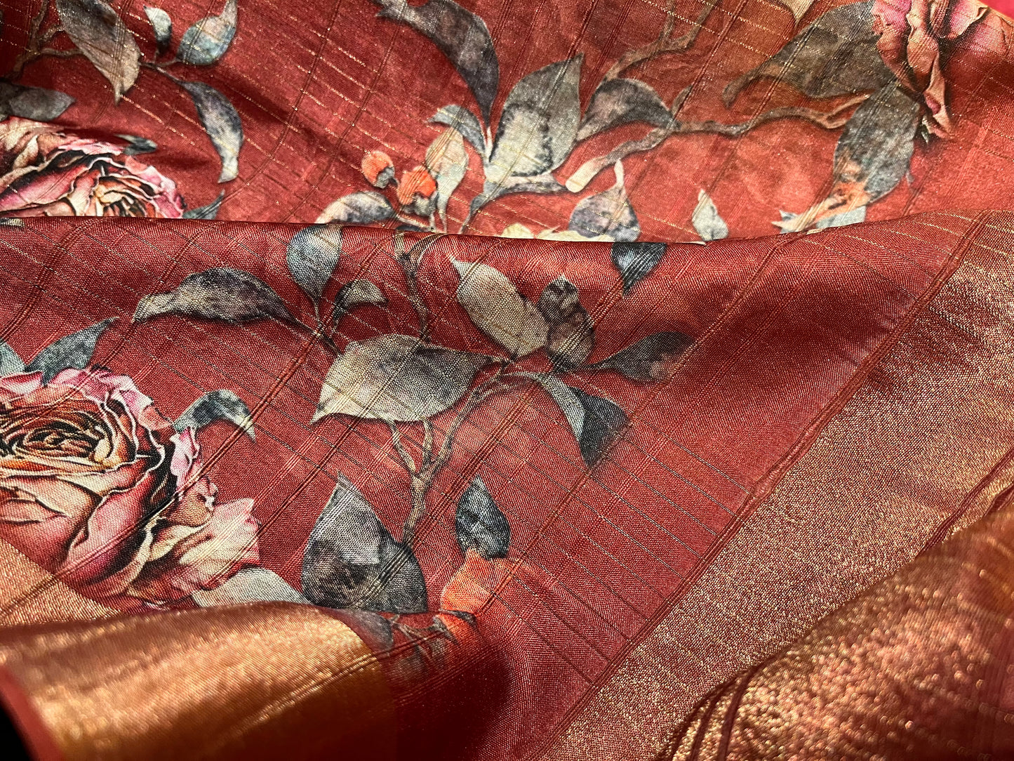 RUST COLOUR SEMI TUSSAR SILK DIGITAL PRINTED ZARI CHECK SAREE