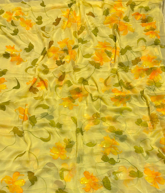 YELLOW HAND-PAINTED CHIFFON SAREE WITHOUT BLOUSE (DELIVERY IN 25 DAYS)