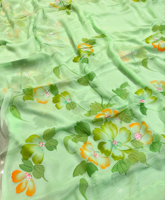 MINT GREEN HAND-PAINTED CHIFFON SAREE WITHOUT BLOUSE( DELIVERY IN 25 DAYS )