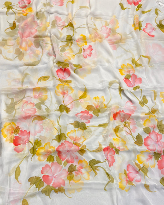 CLASSIC WHITE HAND-PAINTED CHIFFON SAREE WITHOUT BLOUSE ( DELIVERY IN 25 DAYS )