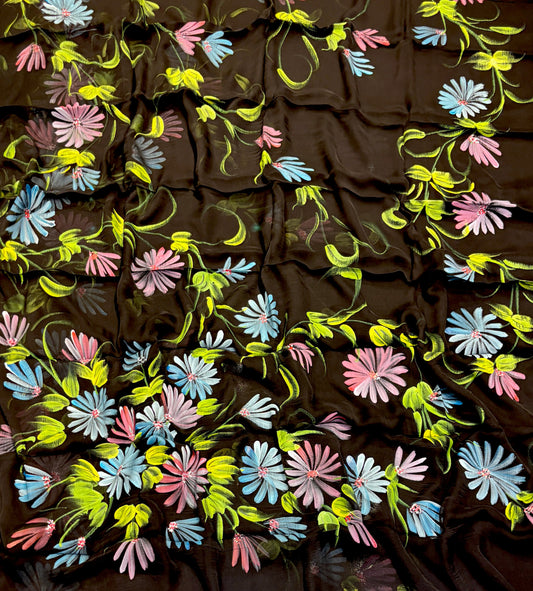 BLACK HAND-PAINTED CHIFFON SAREE WITHOUT BLOUSE( DELIVERY IN 25 DAYS )