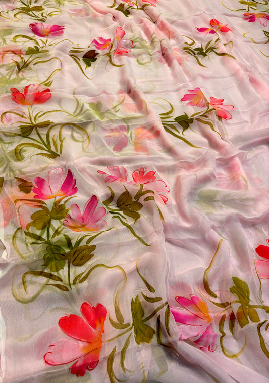 LIGHT PINK HAND-PAINTED CHIFFON SAREE (WITHOUT BLOUSE)