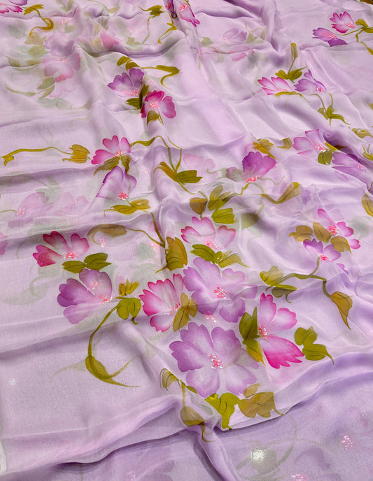 LILAC COLOUR HAND-PAINTED CHIFFON SAREE WITHOUT BLOUSE( DELIVERY IN 25 DAYS )