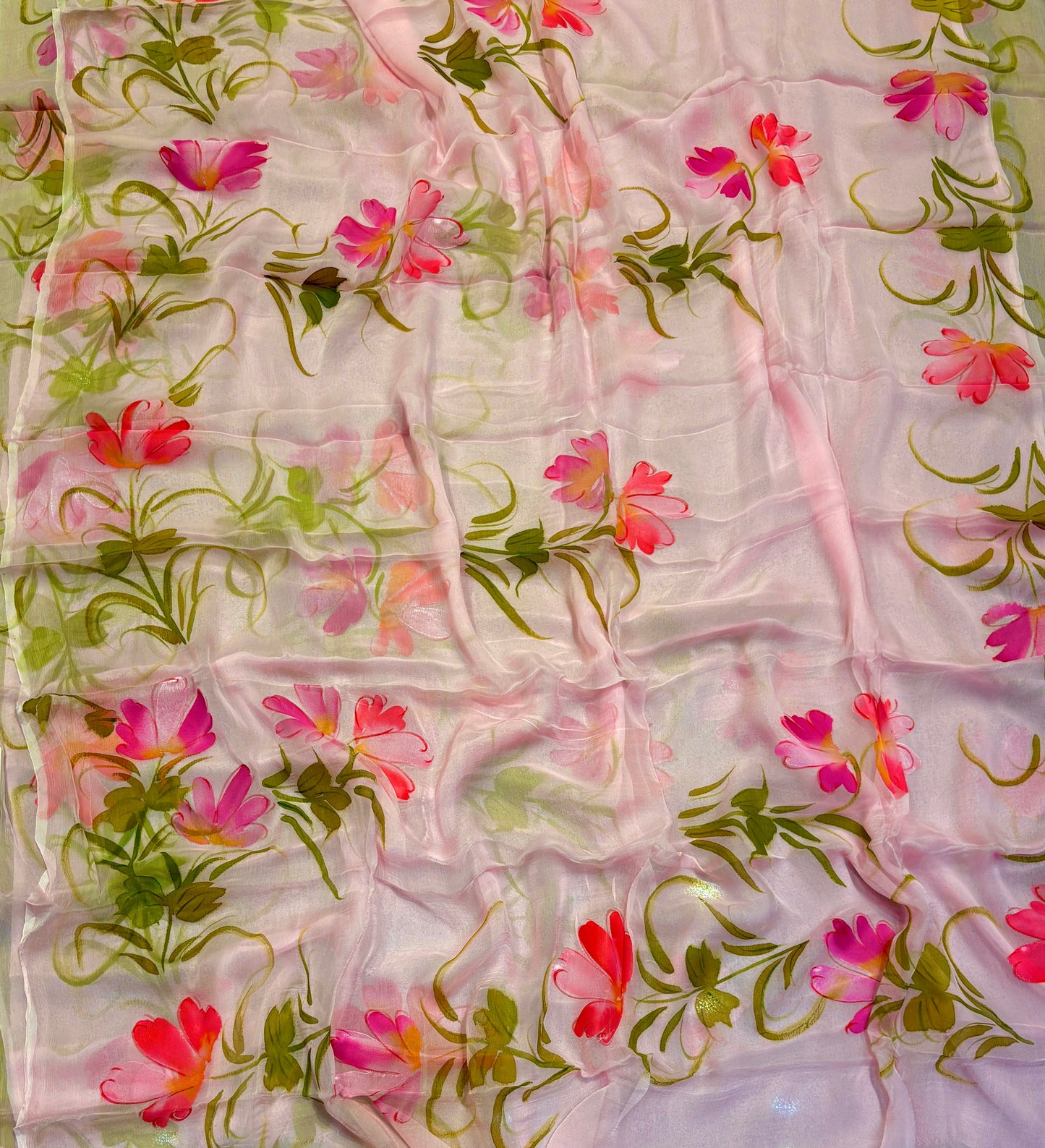 LIGHT PINK HAND-PAINTED CHIFFON SAREE (WITHOUT BLOUSE)