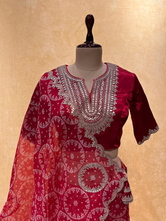 RED COLOR ORGANZA BANDHANI PRINT SAREE WITH READYMADE BLOUSE EMBELLISHED WITH GOTA PATTI WORK