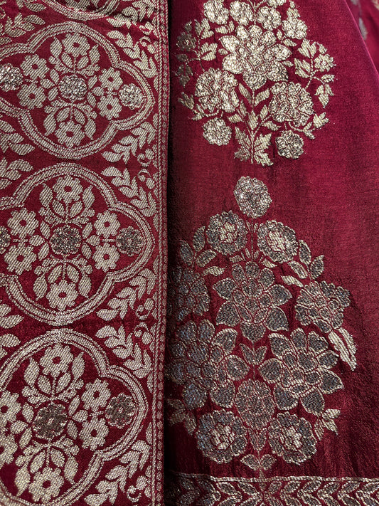 ( DELIVERY IN 25 DAYS ) MAROON COLOUR BANARASI SILK LEHENGA WITH UNSTITCHED BLOUSE EMBELLISHED WITH ZARI WEAVES