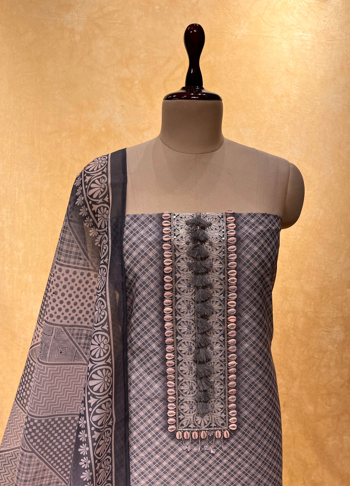 GREY COLOR CHANDERI UNSTITCHED SUIT DRESS MATERIALEMBELLISHED WITH ZARI EMBROIDERY