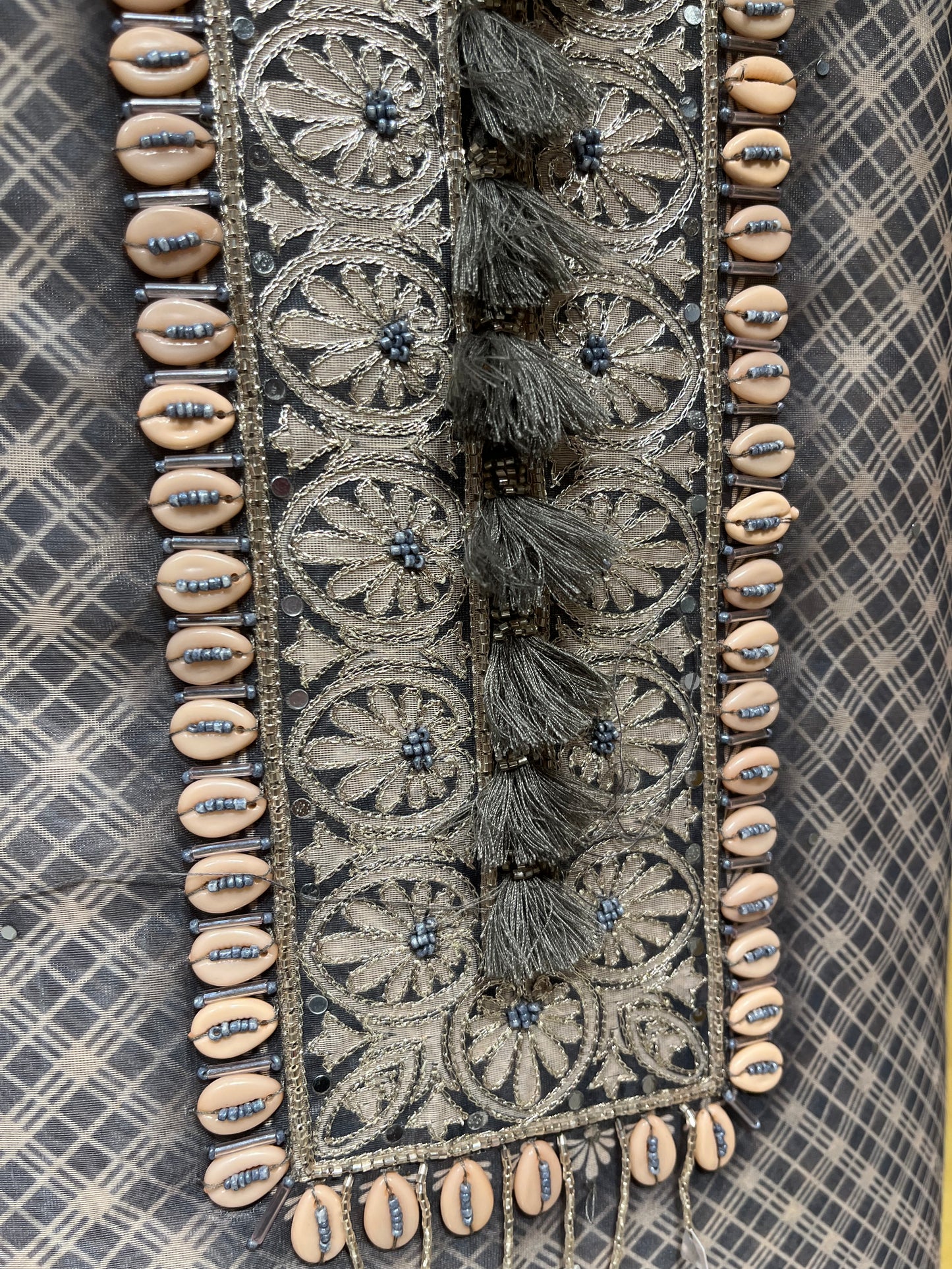 GREY COLOR CHANDERI UNSTITCHED SUIT DRESS MATERIALEMBELLISHED WITH ZARI EMBROIDERY