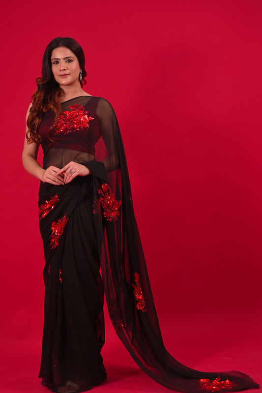 ( DELIVERY IN 20-25 DAYS ) BLACK COLOUR PURE CHIFFON HAND EMBROIDERED SAREE EMBELLISHED WITH SEQUINS & BEADS WORK