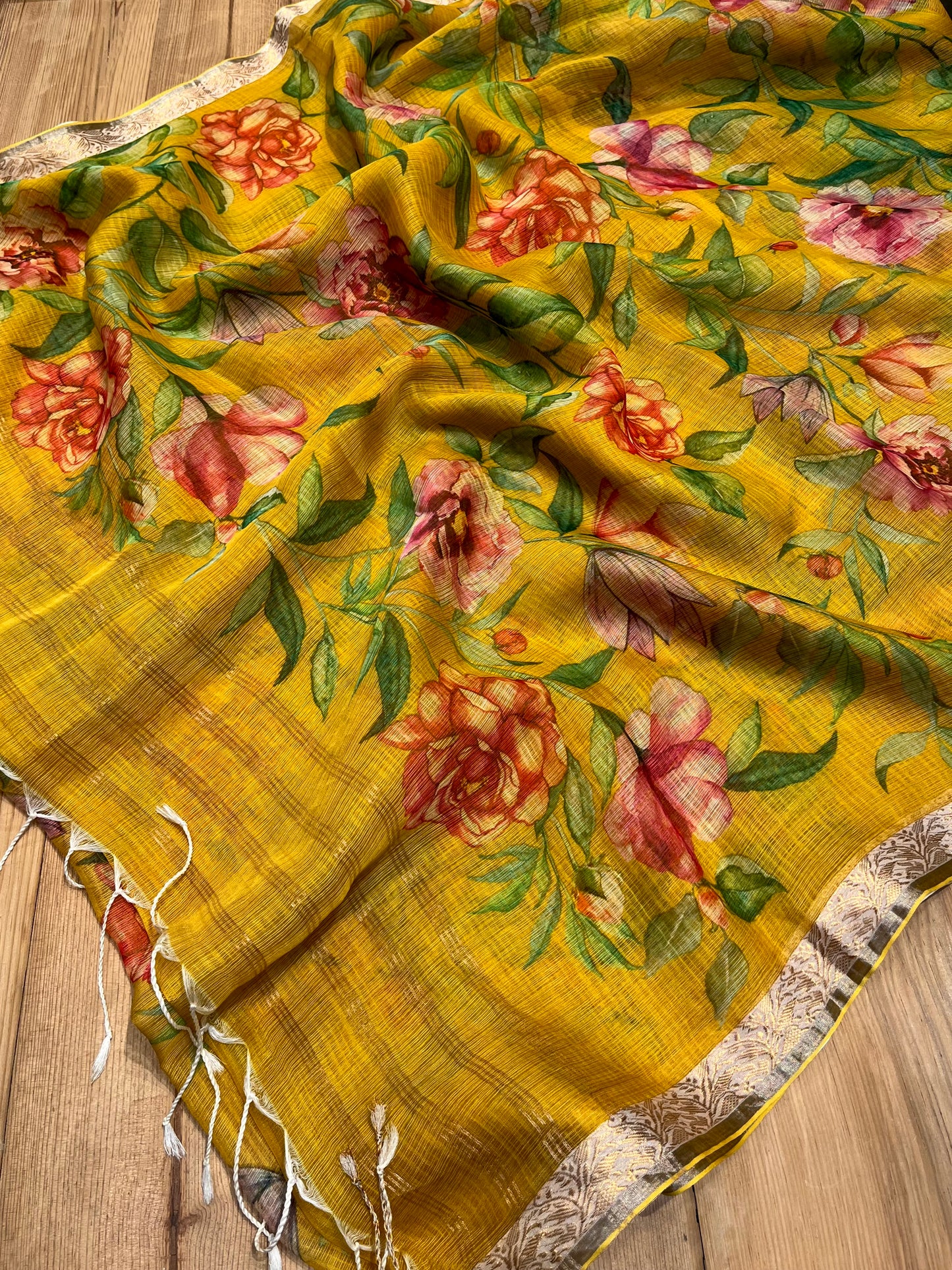 MUSTARD COLOUR PRINTED KOTA DORIA SAREE WITH ZARI BORDER