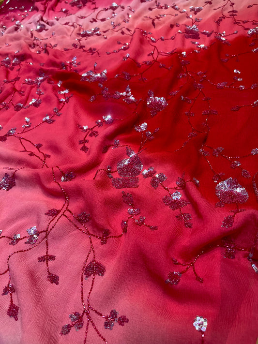 SHADED PLATINUM CHIFFON HAND EMBROIDERED SAREE EMBELLISHED WITH SEQUINS & CUTDANA WORK ( DELIVERY IN 25-30 DAYS ) - Kothari Sons