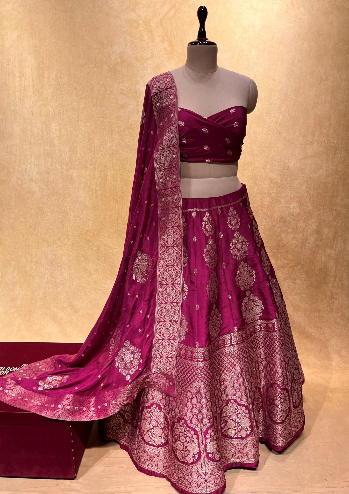 ( DELIVERY IN 25 DAYS ) WINE COLOUR BANARASI PURE SILK LEHENGA WITH UNSTITCHED BLOUSE EMBELLISHED WITH ZARI WEAVES