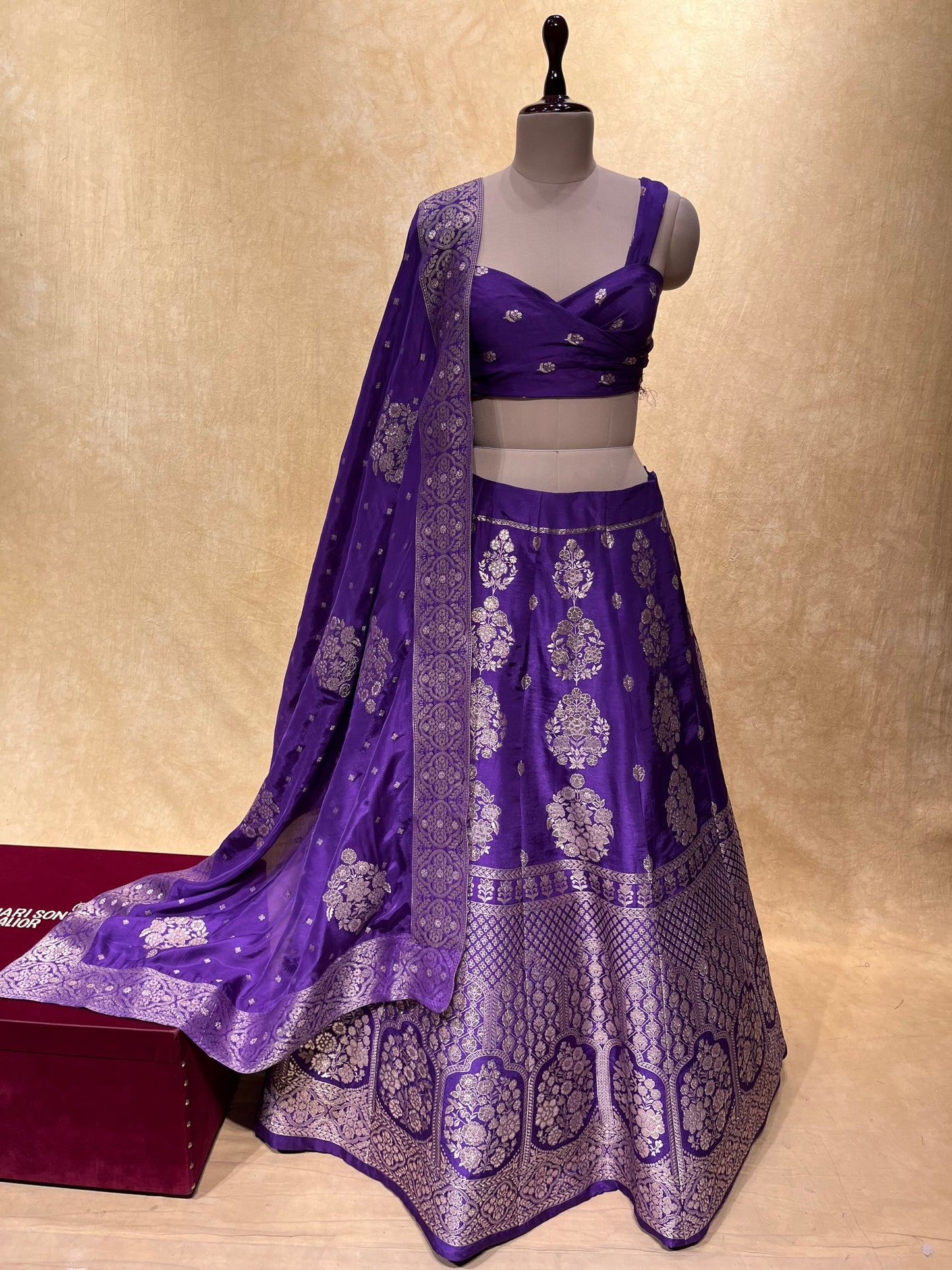 ( DELIVERY IN 25 DAYS ) VIOLET COLOUR BANARASI PURE SILK LEHENGA WITH UNSTITCHED BLOUSE EMBELLISHED WITH ZARI WEAVES