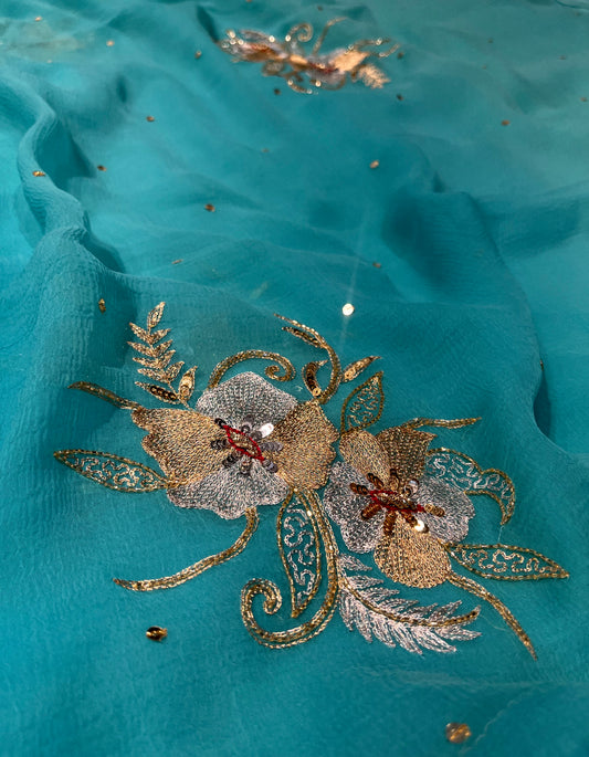 TURQUOISE BLUE SHADED CHIFFON HAND EMBROIDERED SAREE EMBELLISHED WITH AARI & SEQUINS WORK ( DELIVERY IN 25-30 DAYS ) - Kothari Sons