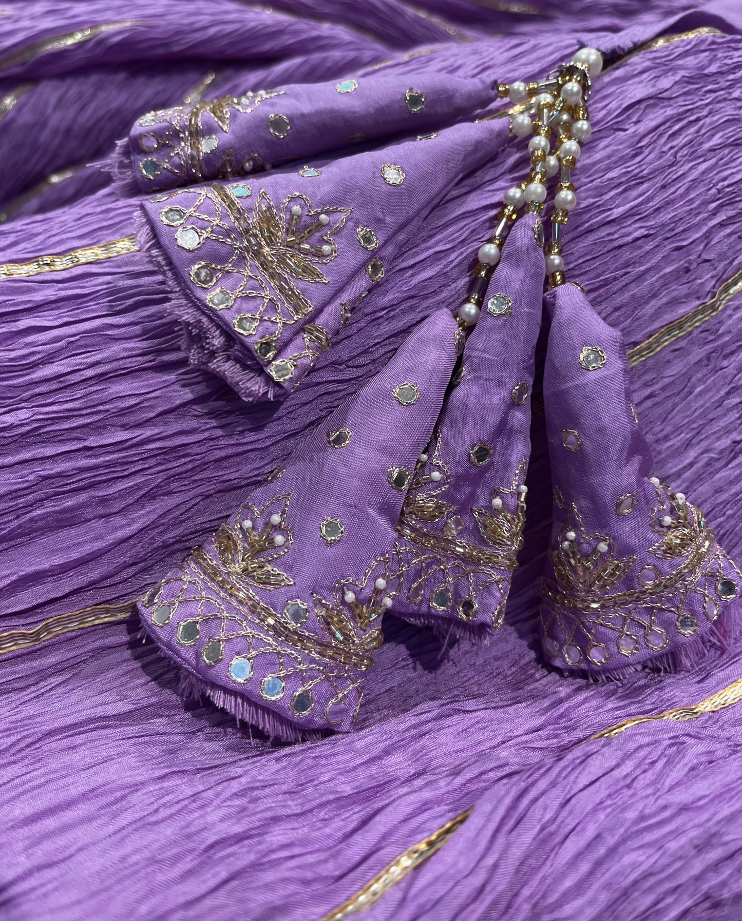 LAVENDER COLOUR CRUSHED LEHENGA WITH KURTI EMBELLISHED WITH KASAB, GOTA PATTI & MIRROR WORK