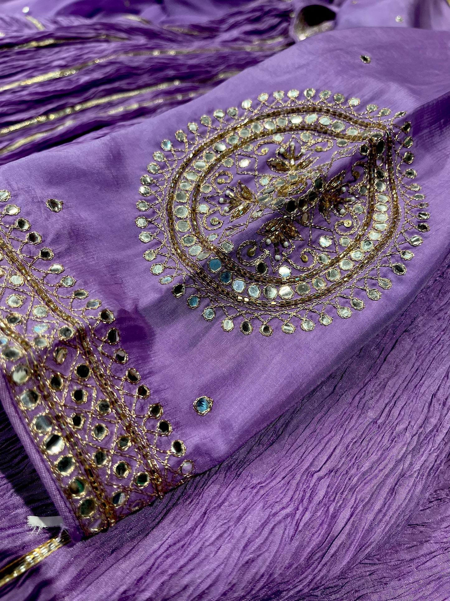 LAVENDER COLOUR CRUSHED LEHENGA WITH KURTI EMBELLISHED WITH KASAB, GOTA PATTI & MIRROR WORK