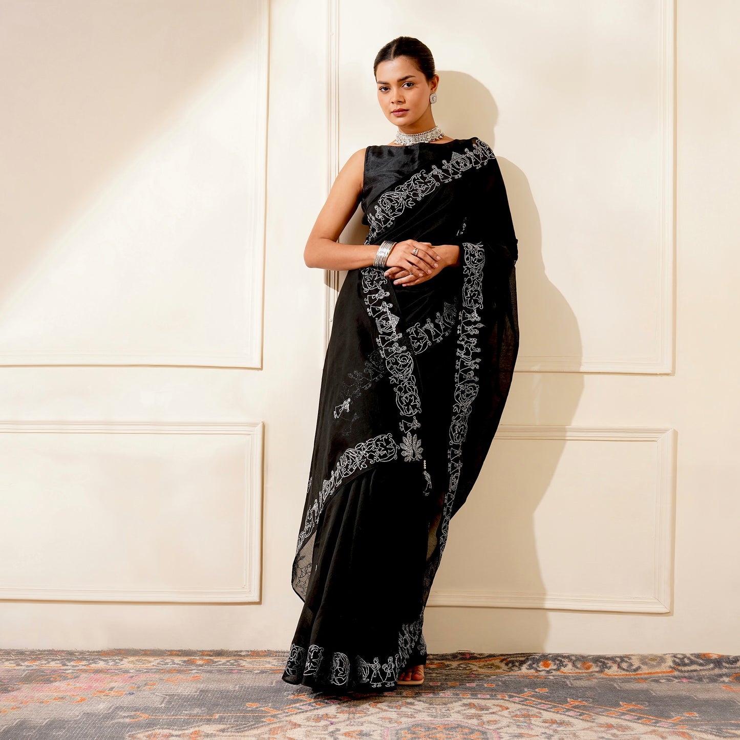 BLACK COLOUR CHANDERI SAREE WITH BARAAT BORDER EMBROIDERED IN SILVER ZARI