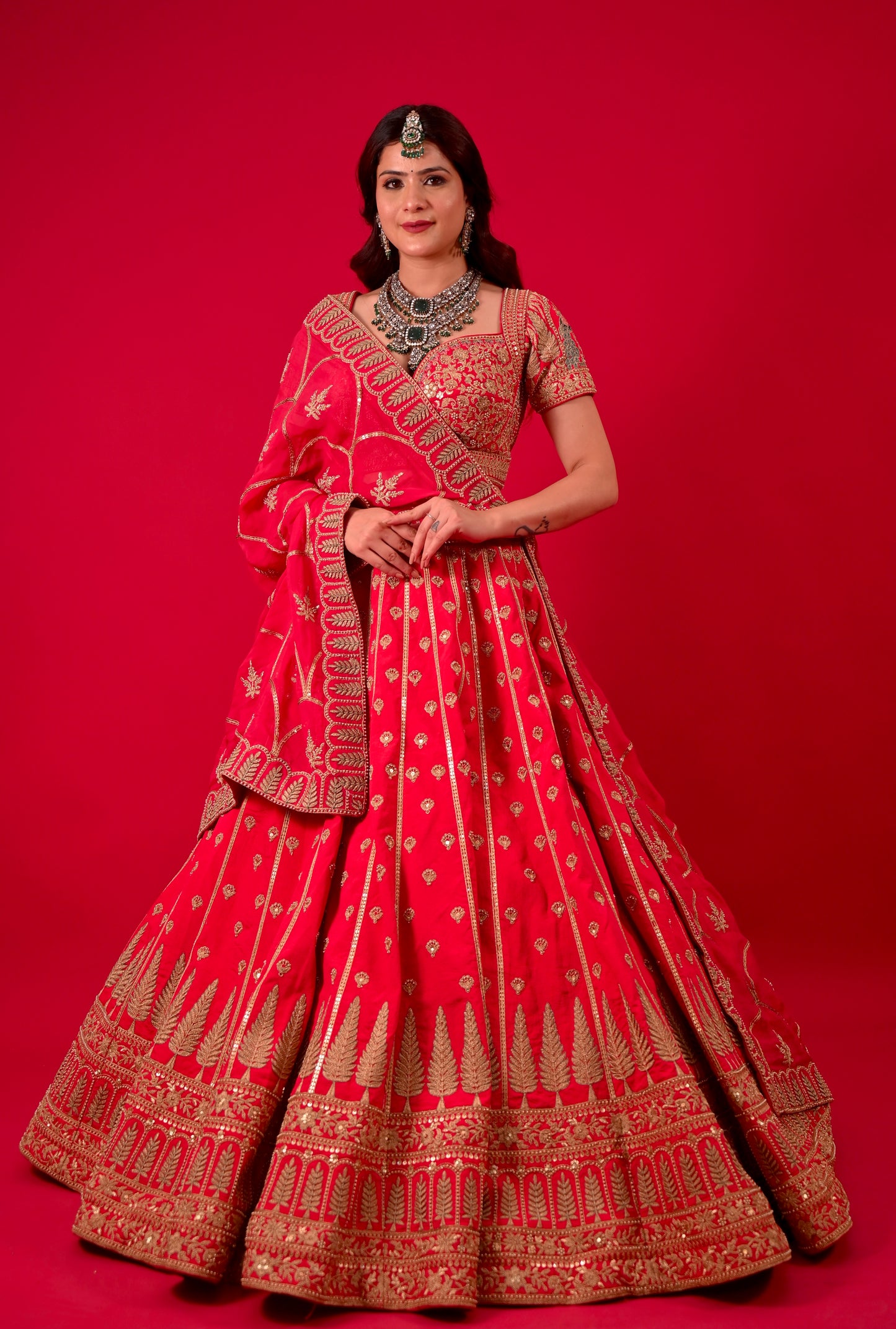 ( DELIVERY IN 50 DAYS ) MAGENTA COLOUR RAW SILK BRIDAL LEHENGA WITH READYMADE BLOUSE & ORGANZA DUPATTA EMBELLISHED WITH ZARI EMBROIDERY