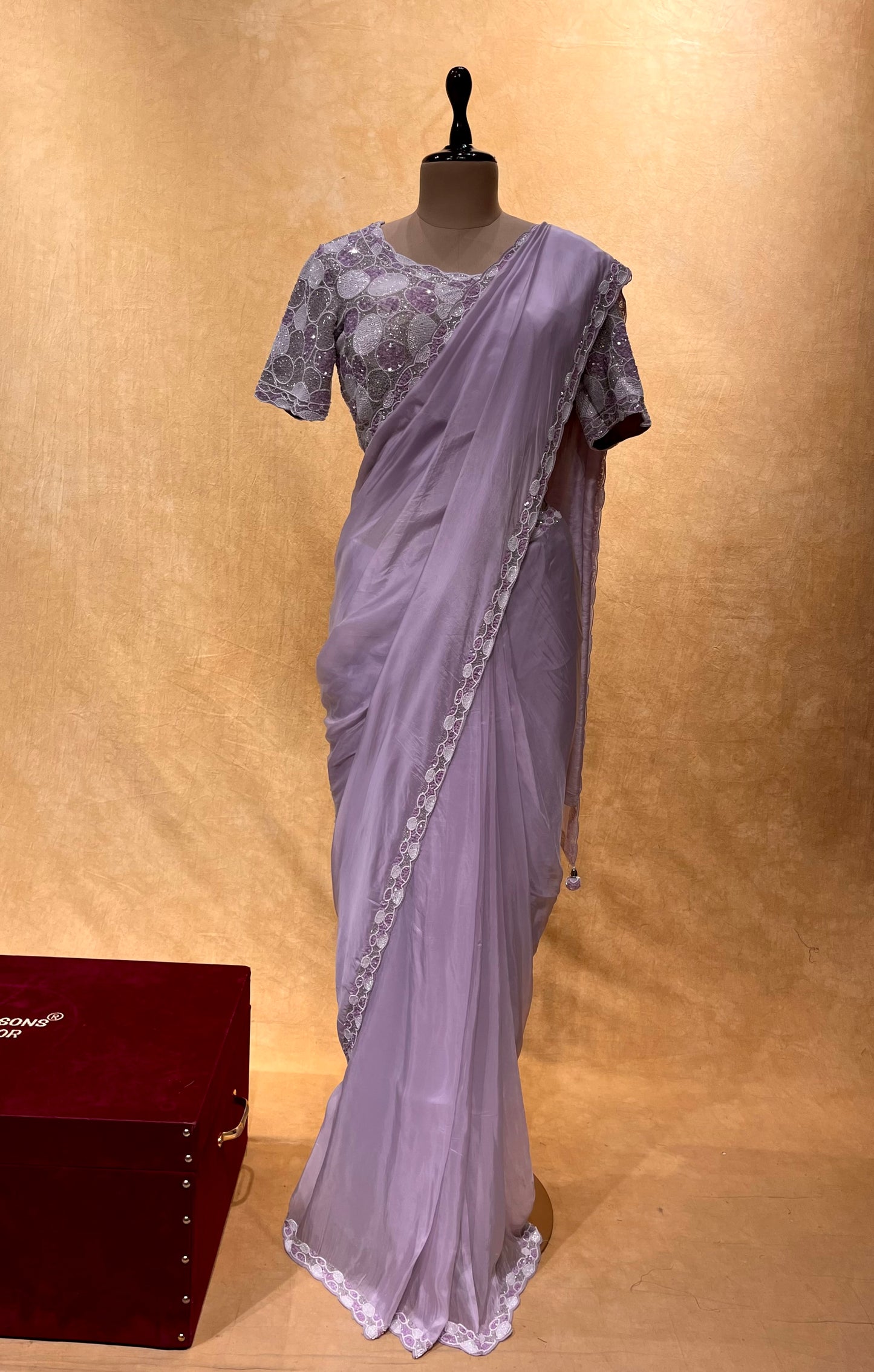 LAVENDER COLOR ORGANZA EMBROIDERED SAREE WITH READYMADE BLOUSE EMBELLISHED WITH CUTDANA, SEQUINS & PEARL WORK