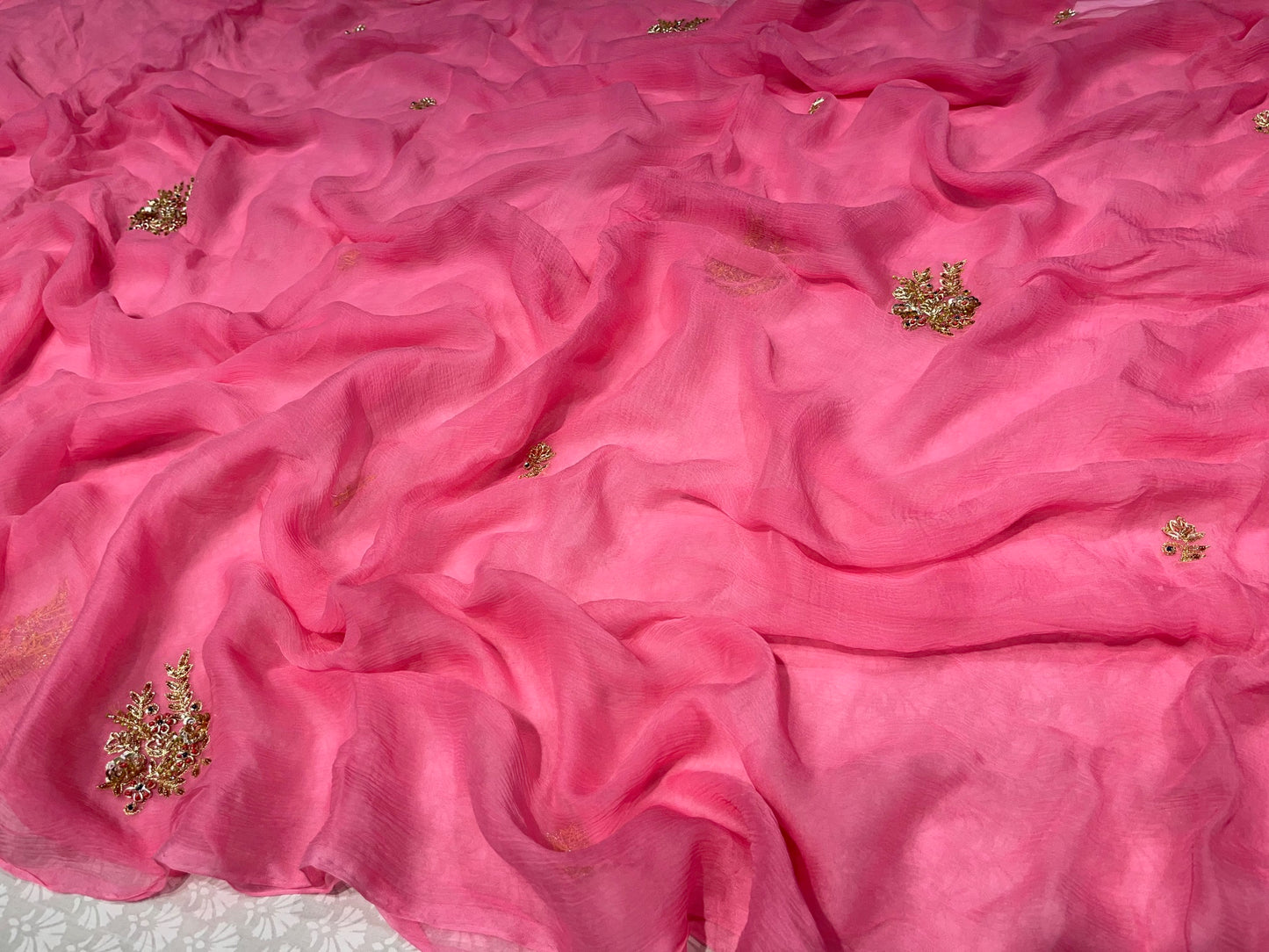 PINK COLOUR CHIFFON HAND EMBROIDERED SAREE EMBELLISHED WITH ZARDOZI WORK