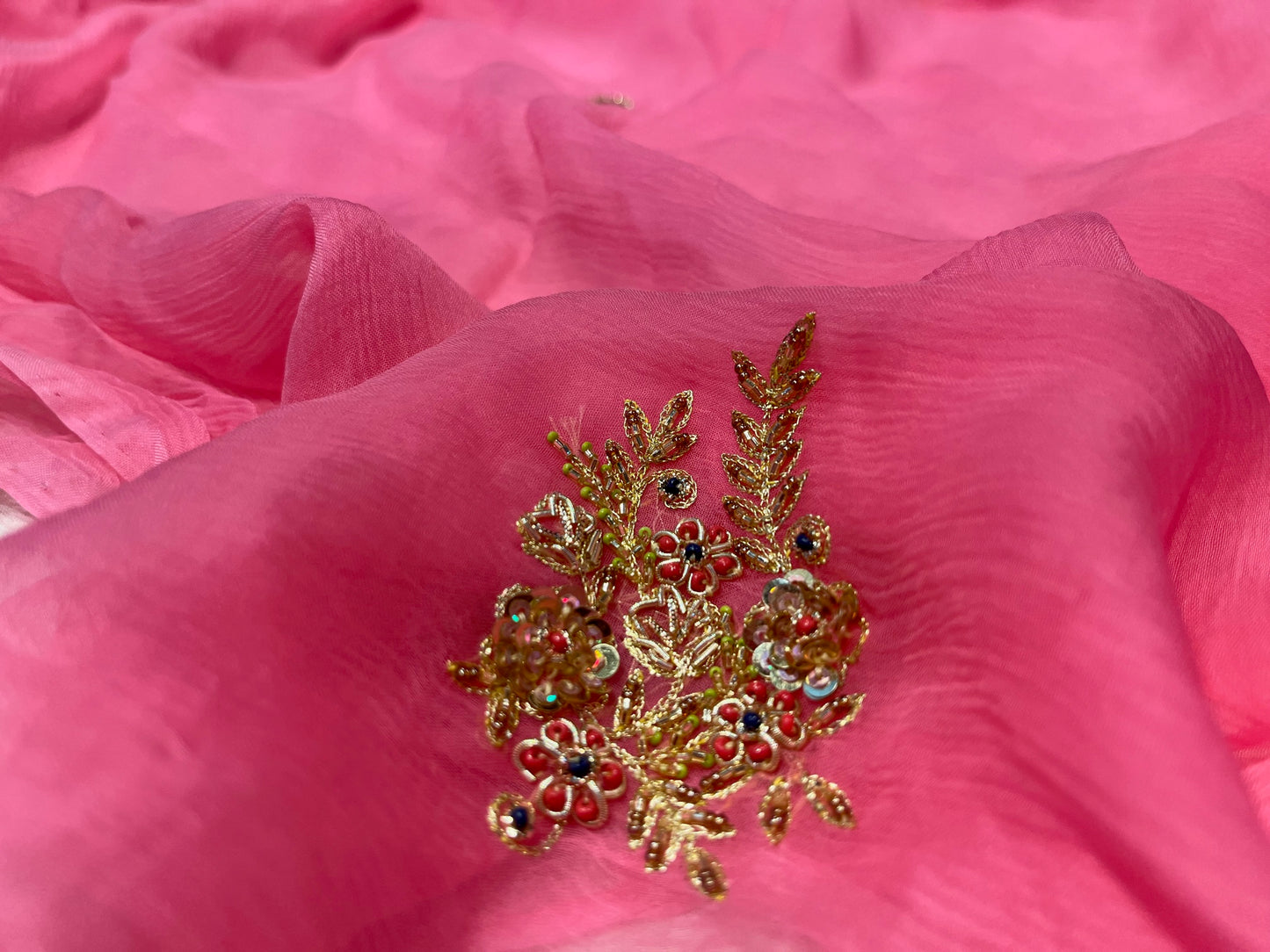 PINK COLOUR CHIFFON HAND EMBROIDERED SAREE EMBELLISHED WITH ZARDOZI WORK