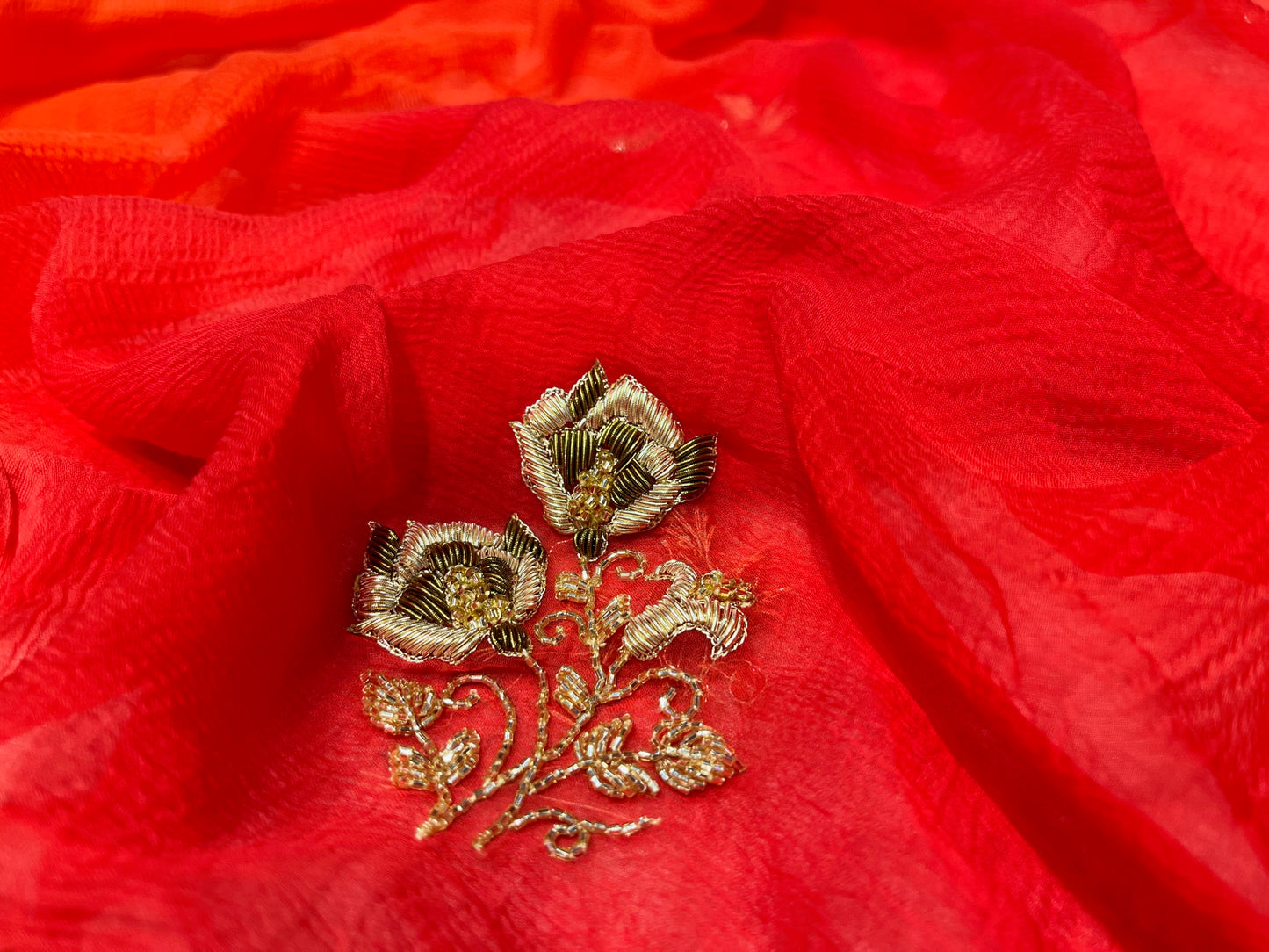 ( DELIVERY IN 25 DAYS ) SHADED CHIFFON HAND EMBROIDERED SAREE EMBELLISHED WITH ZARDOZI WORK