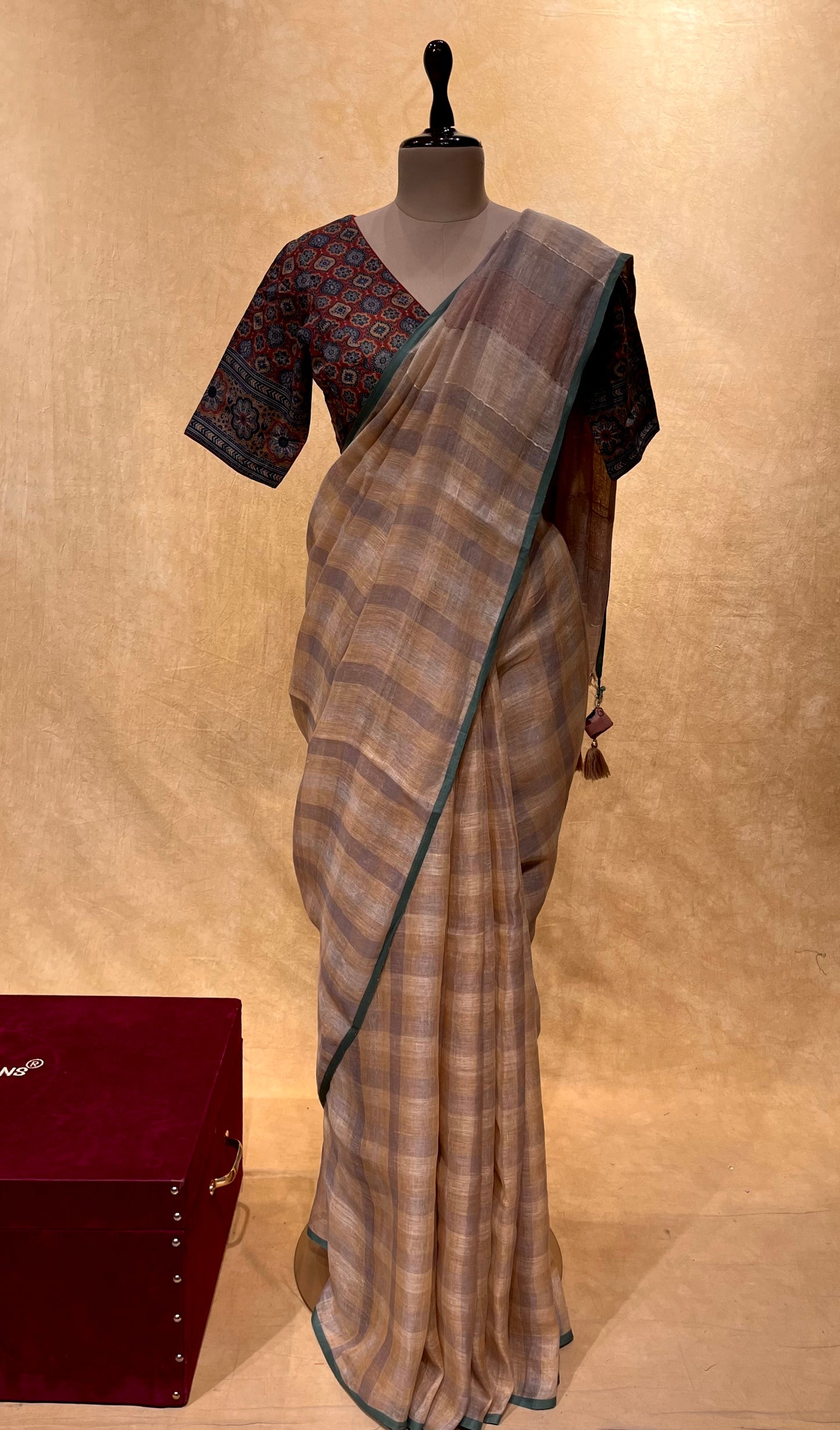 BEIGE COLOUR TUSSAR SILK SAREE WITH KALAMKARI PRINT READYMADE BLOUSE