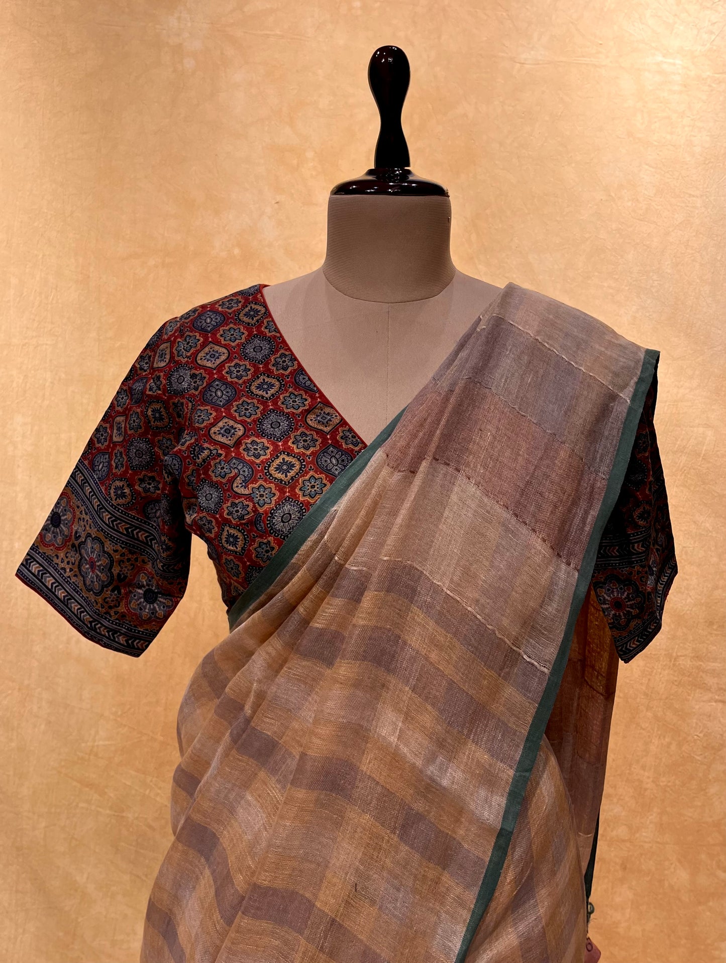 BEIGE COLOUR TUSSAR SILK SAREE WITH KALAMKARI PRINT READYMADE BLOUSE