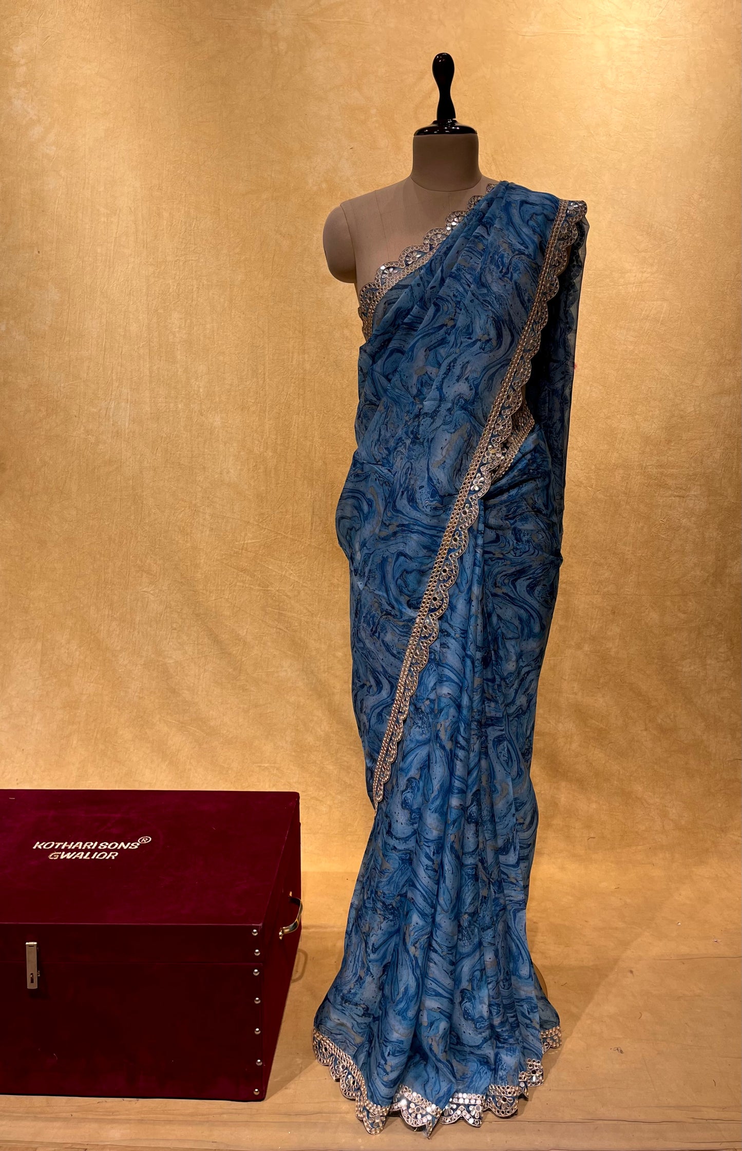 BLUE COLOR ORGANZA EMBROIDERED SAREE EMBELLISHED WITH MIRROR FOIL WORK