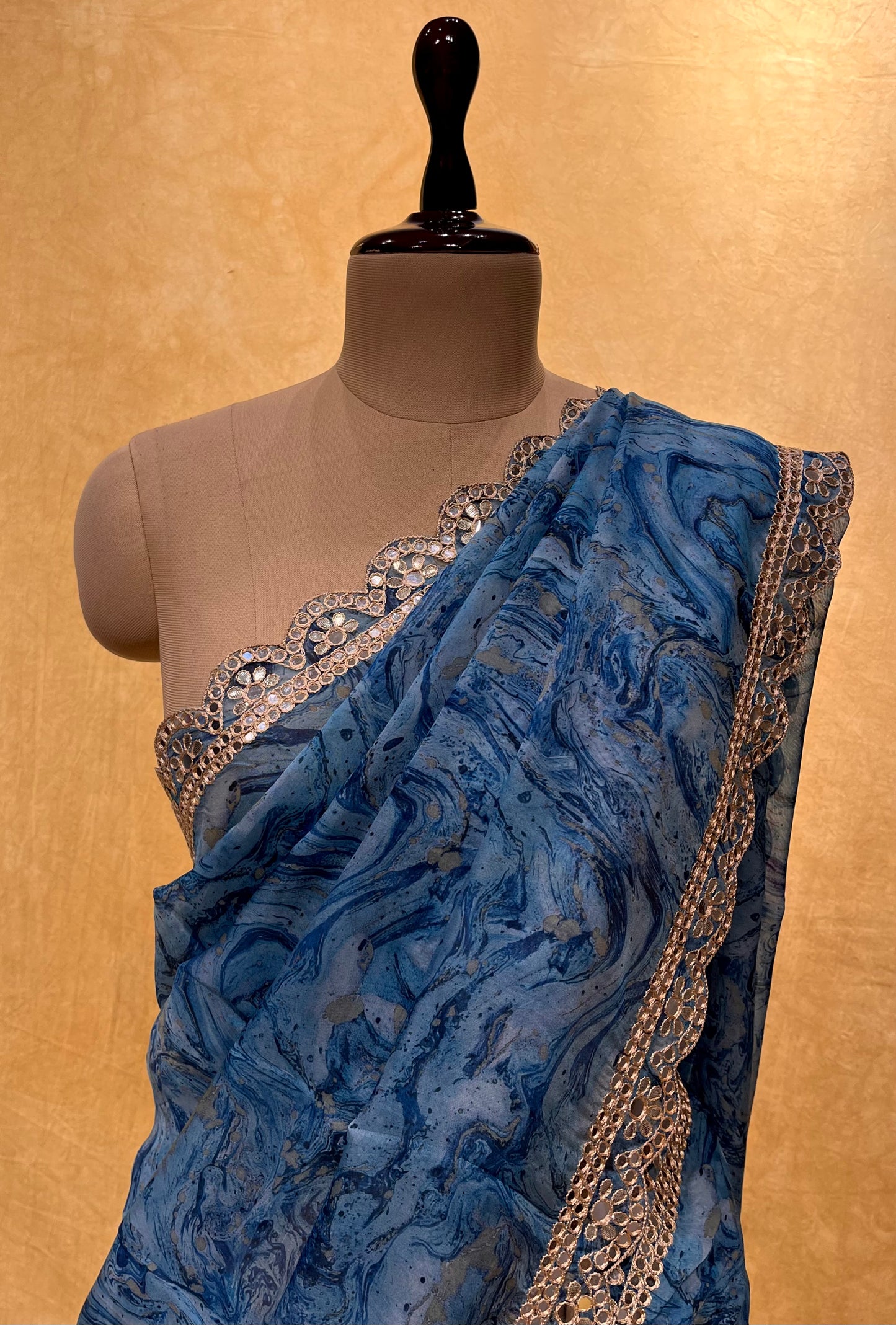 BLUE COLOR ORGANZA EMBROIDERED SAREE EMBELLISHED WITH MIRROR FOIL WORK