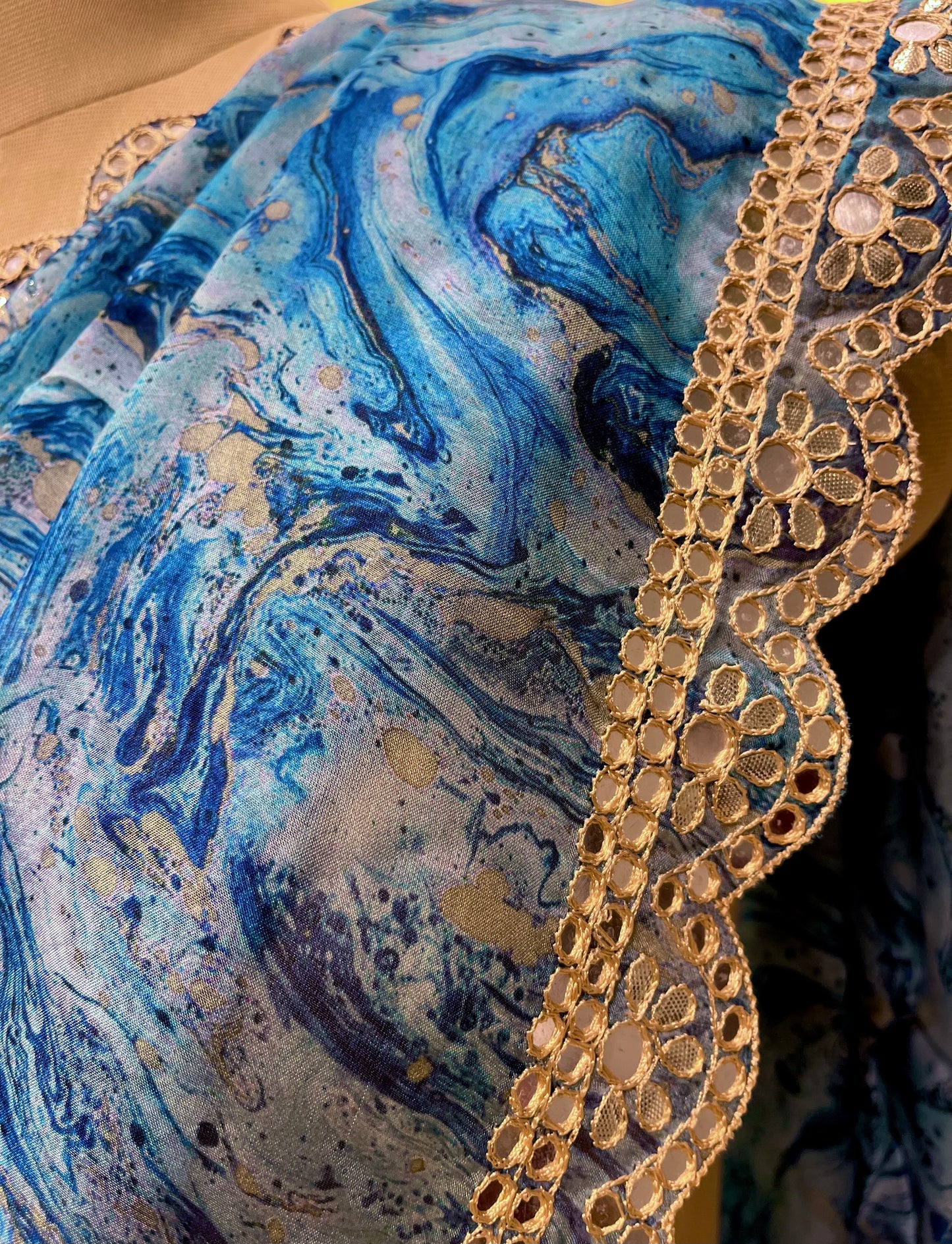 BLUE COLOR ORGANZA EMBROIDERED SAREE EMBELLISHED WITH MIRROR FOIL WORK