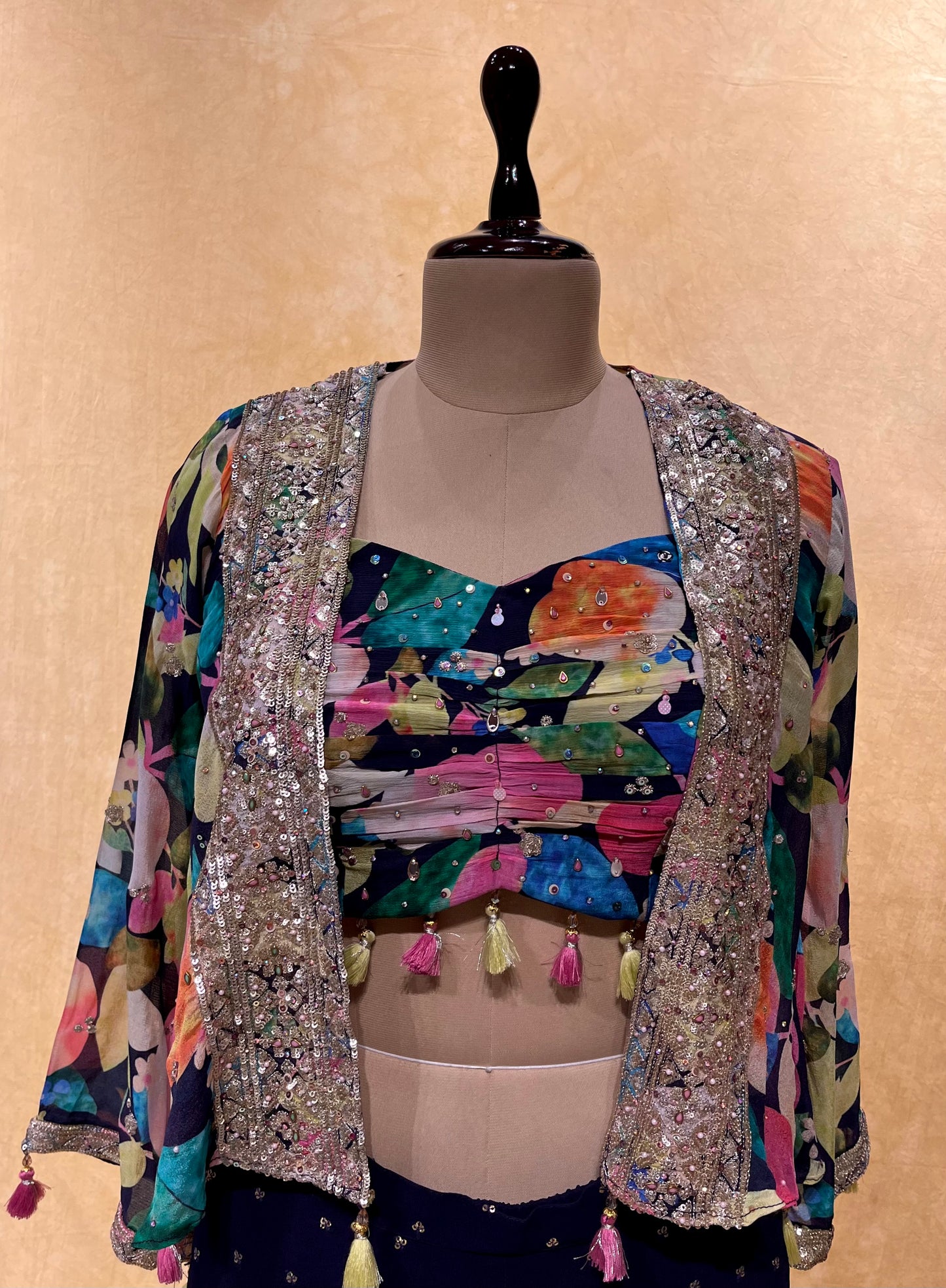 (DELIVERY IN 20-25 DAYS ) BLUE COLOR GEORGETTE PALAZZO WITH CROP TOP & SHRUG EMBELLISHED WITH SEQUINS WORK