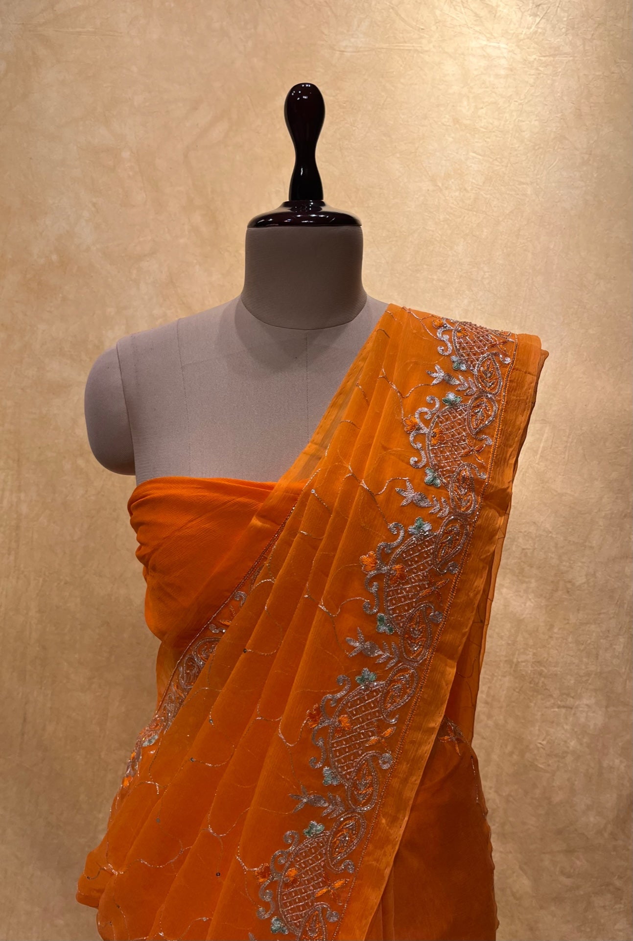 ORANGE COLOUR PURE CHIFFON HAND EMBROIDERED SAREE EMBELLISHED WITH AARI & CUTDANA WORK