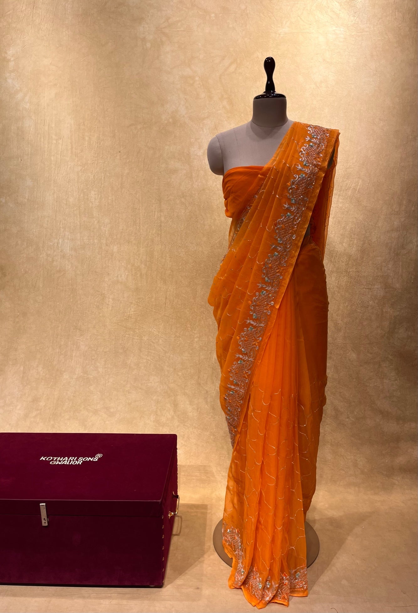ORANGE COLOUR PURE CHIFFON HAND EMBROIDERED SAREE EMBELLISHED WITH AARI & CUTDANA WORK
