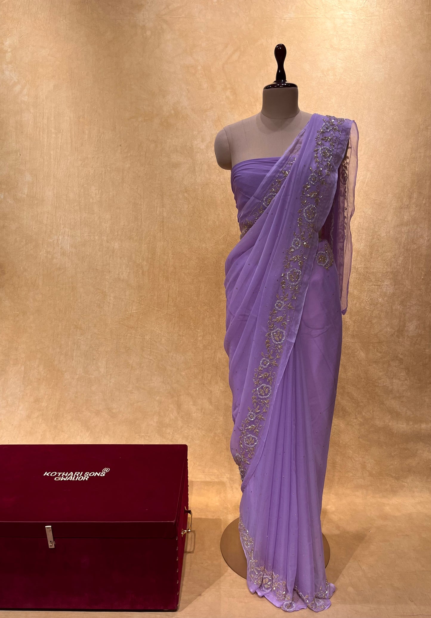 ( DELIVERY IN 25 DAYS ) LAVENDER COLOUR CHIFFON HAND EMBROIDERED SAREE EMBELLISHED WITH CUTDANA WORK