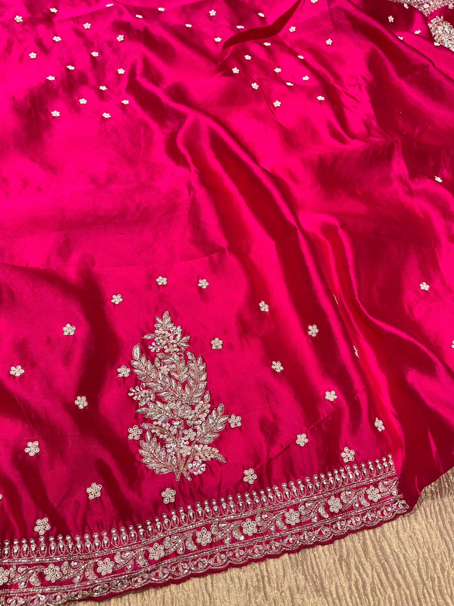 HOT PINK COLOUR RAW SILK HAND EMBROIDERED SAREE EMBELLISHED WITH SEQUINS, CUTDANA & ZARDOZI WORK