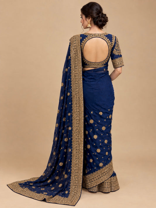 NAVY BLUE COLOUR ORGANZA SILK READYMADE RAW SILK BLOUSE SAREE EMBELLISHED WITH ANTIQUE KASAB, BEADS & SEQUINS WORK
