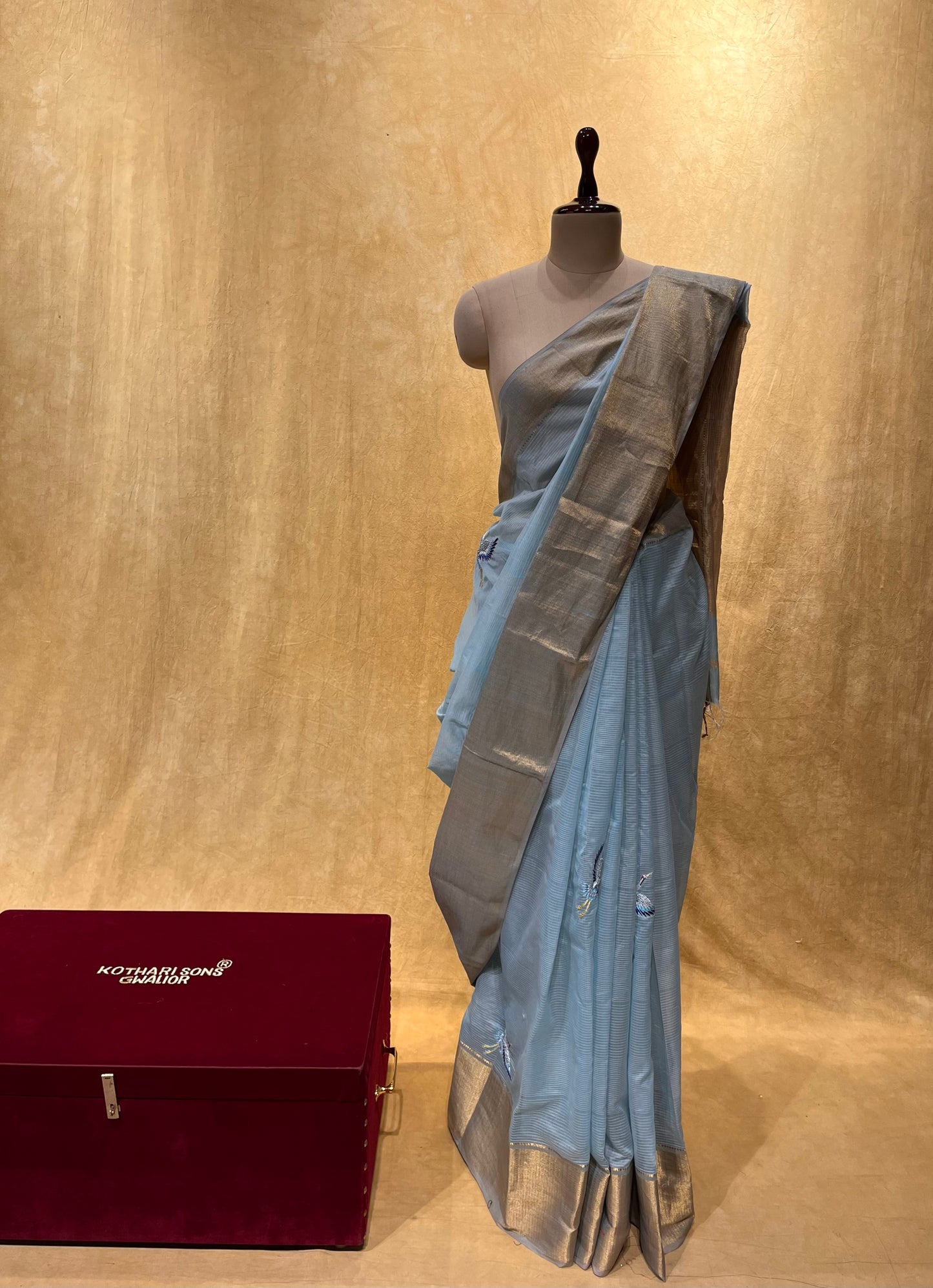 POWDER BLUE COLOUR MAHESHWARI EMBROIDERED SAREE EMBELLISHED WITH RESHAM EMBROIDERED WORK