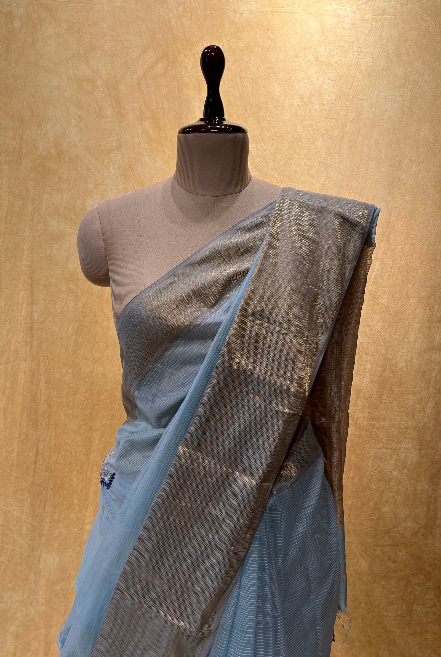 POWDER BLUE COLOUR MAHESHWARI EMBROIDERED SAREE EMBELLISHED WITH RESHAM EMBROIDERED WORK