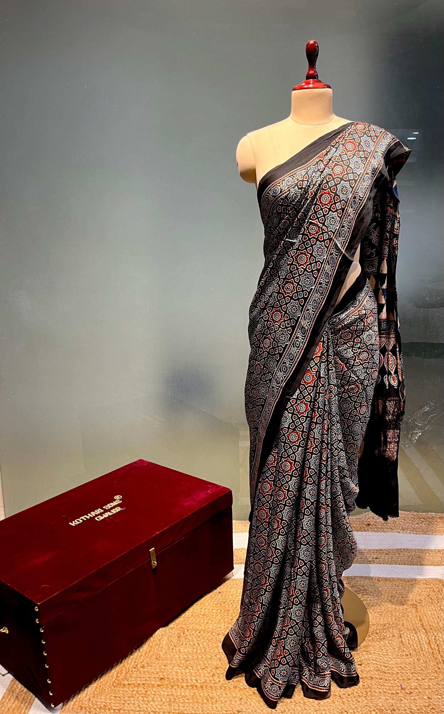 BLACK COLOUR AJRAKH PRINT MODAL SILK SAREE