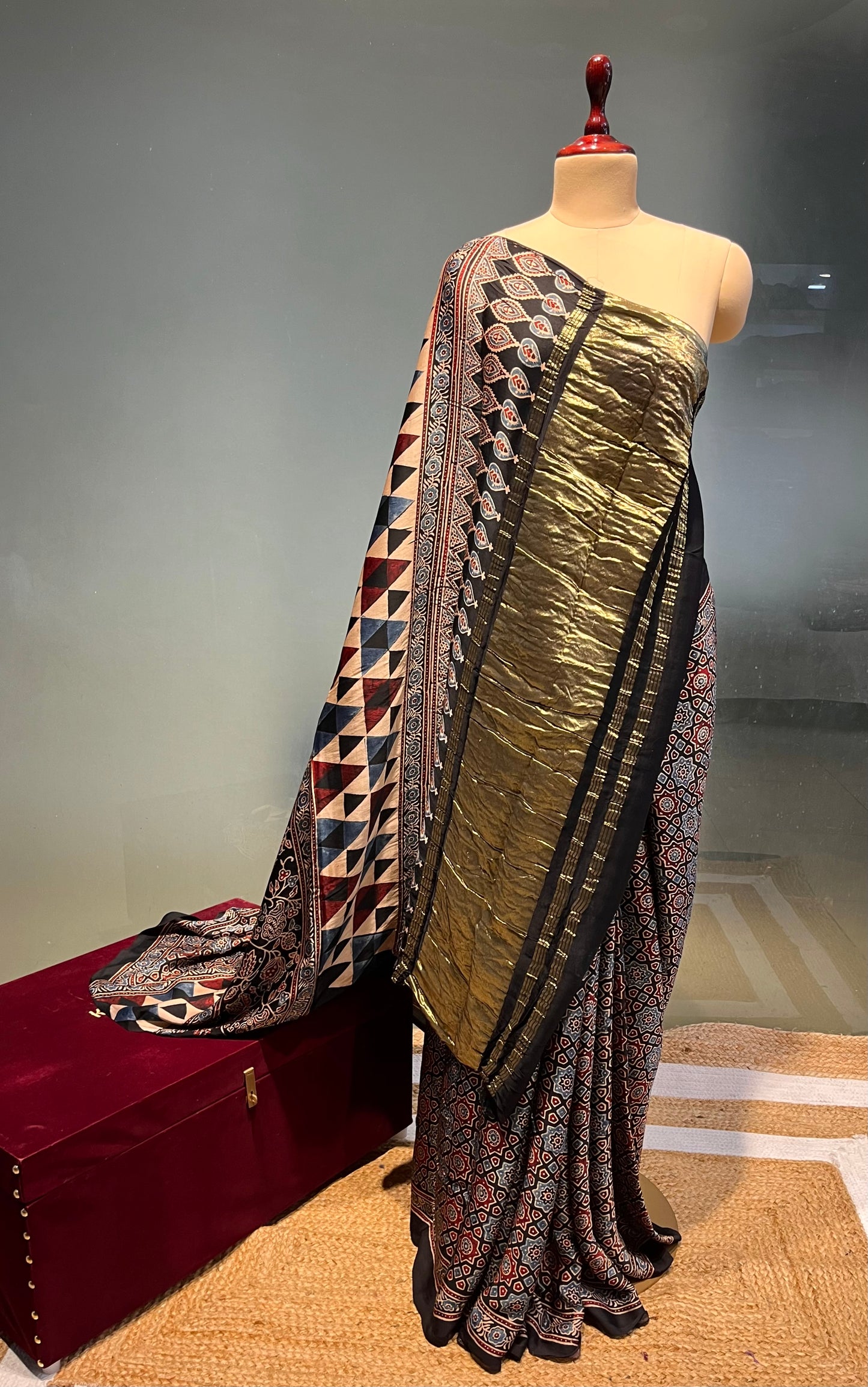 BLACK COLOUR AJRAKH PRINT MODAL SILK SAREE