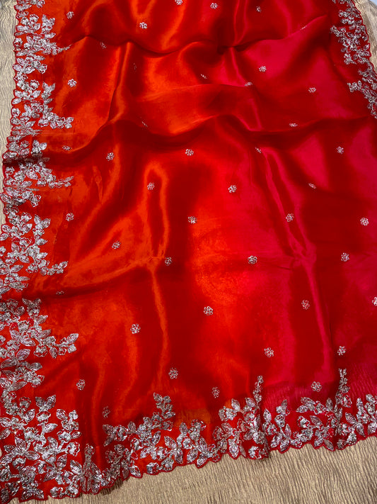 RED & ORANGE SHADED ORGANZA HANDMADE SAREE EMBELLISHED WITH SILVER BADLA EMBROIDERY (DELIVERY IN 25-30 DAYS)
