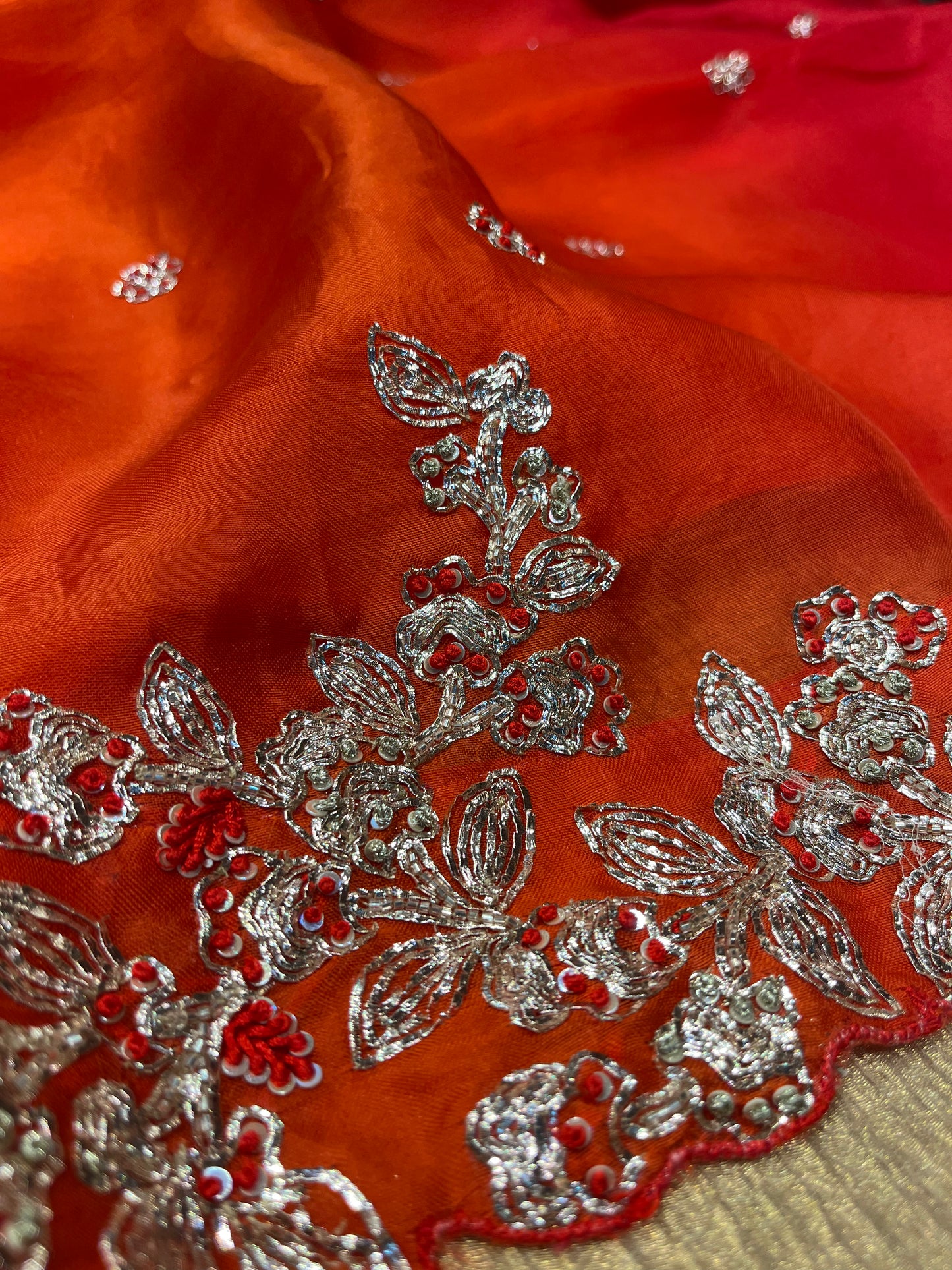 RED & ORANGE SHADED ORGANZA HANDMADE SAREE EMBELLISHED WITH SILVER BADLA EMBROIDERY (DELIVERY IN 25-30 DAYS)