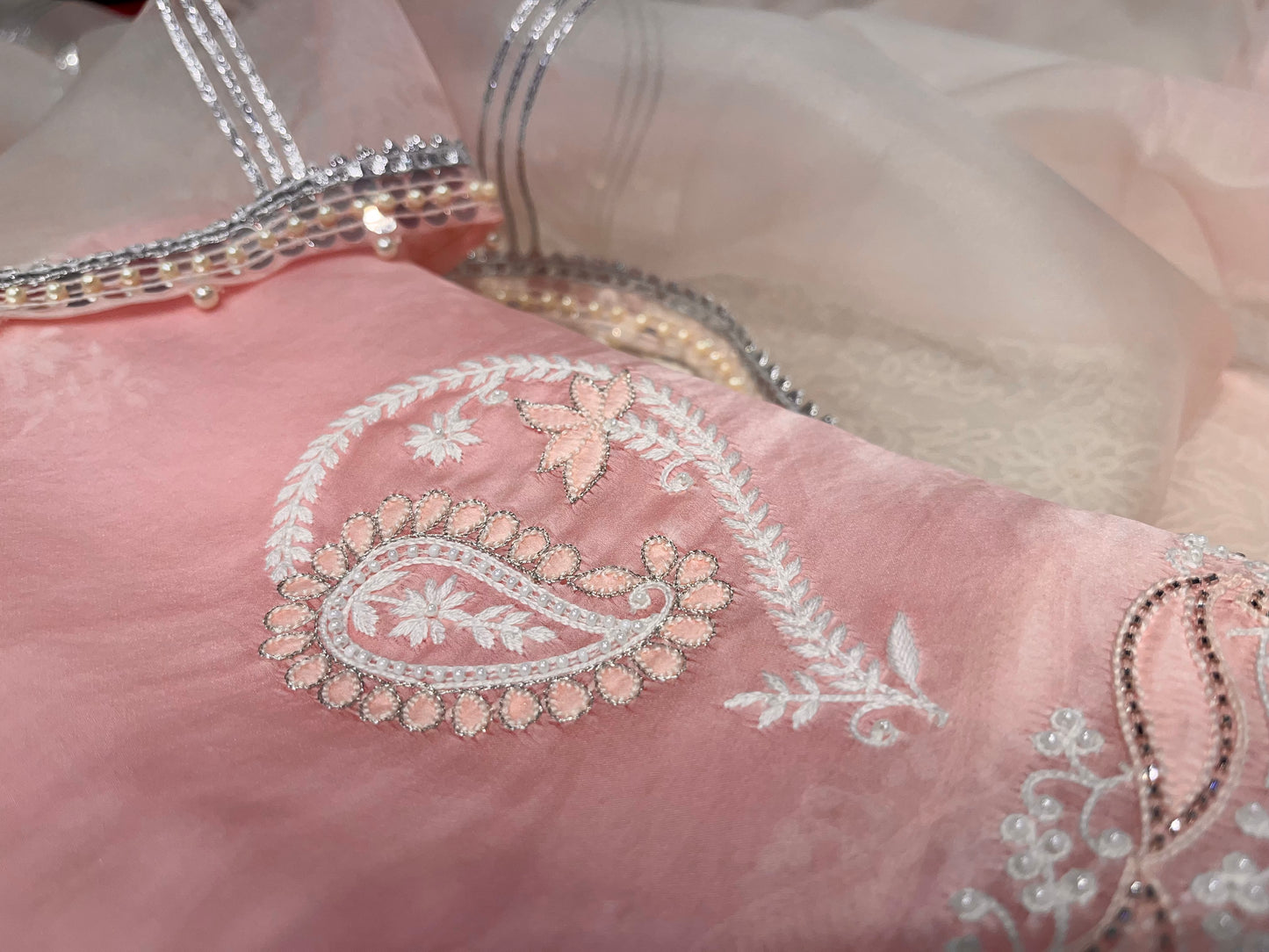 PINK COLOUR PURE ORGANZA HAND EMBROIDERED UNSTITCHED SUIT EMBELLISHED WITH PEARL & RESHAM SHADOW EMBROIDERY