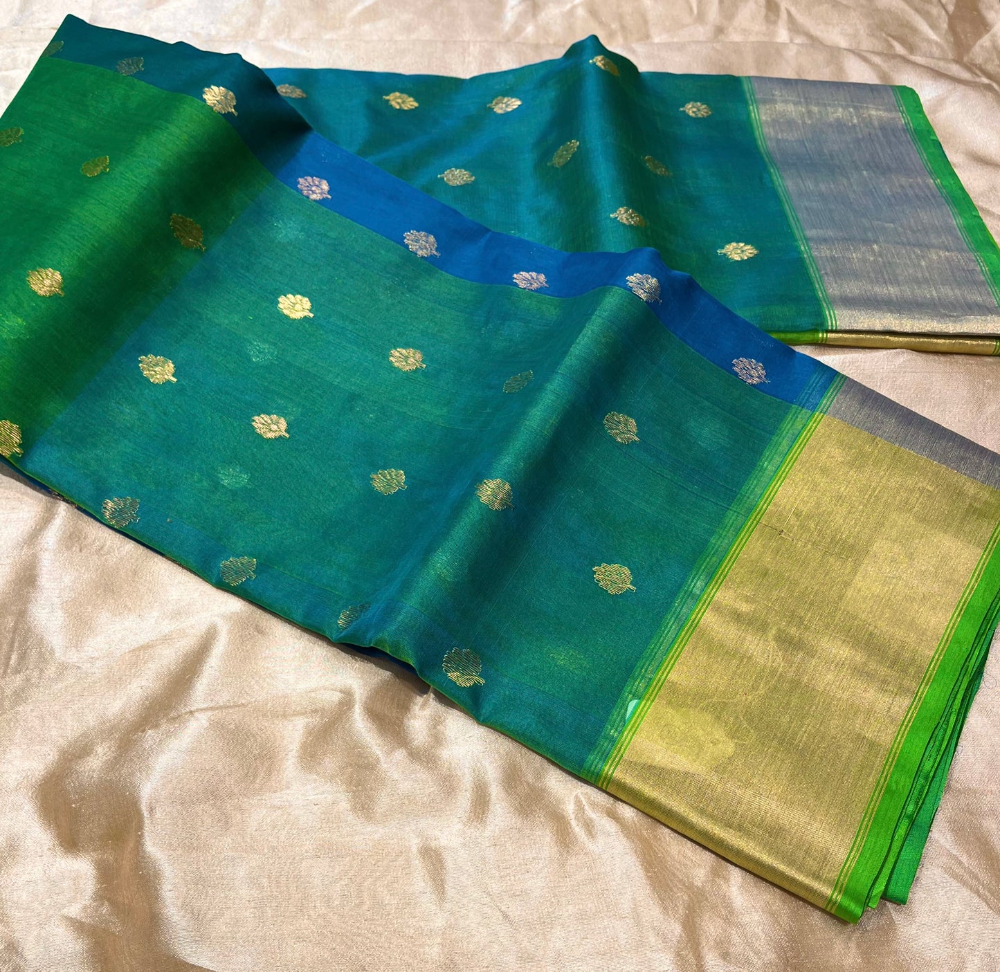 GREEN COLOUR CHANDERI KATAN RANGKAT SAREE EMBELLISHED WITH ZARI BUTI SAREE