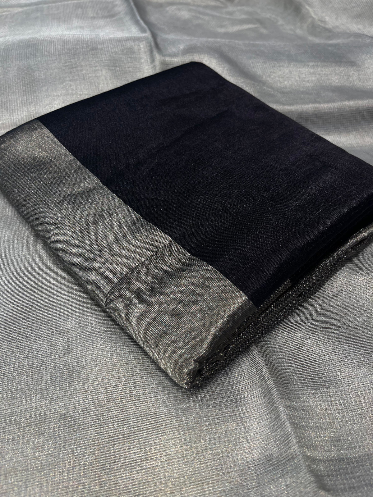 BLACK & SILVER STRIPED CHANDERI TISSUE SAREE WITH MATCHING BLOUSE - Kothari Sons